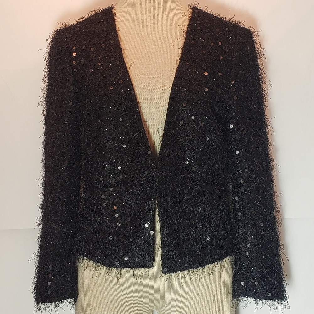 Ann Taylor Loft black eyelash sequin jacket 4 NWT
